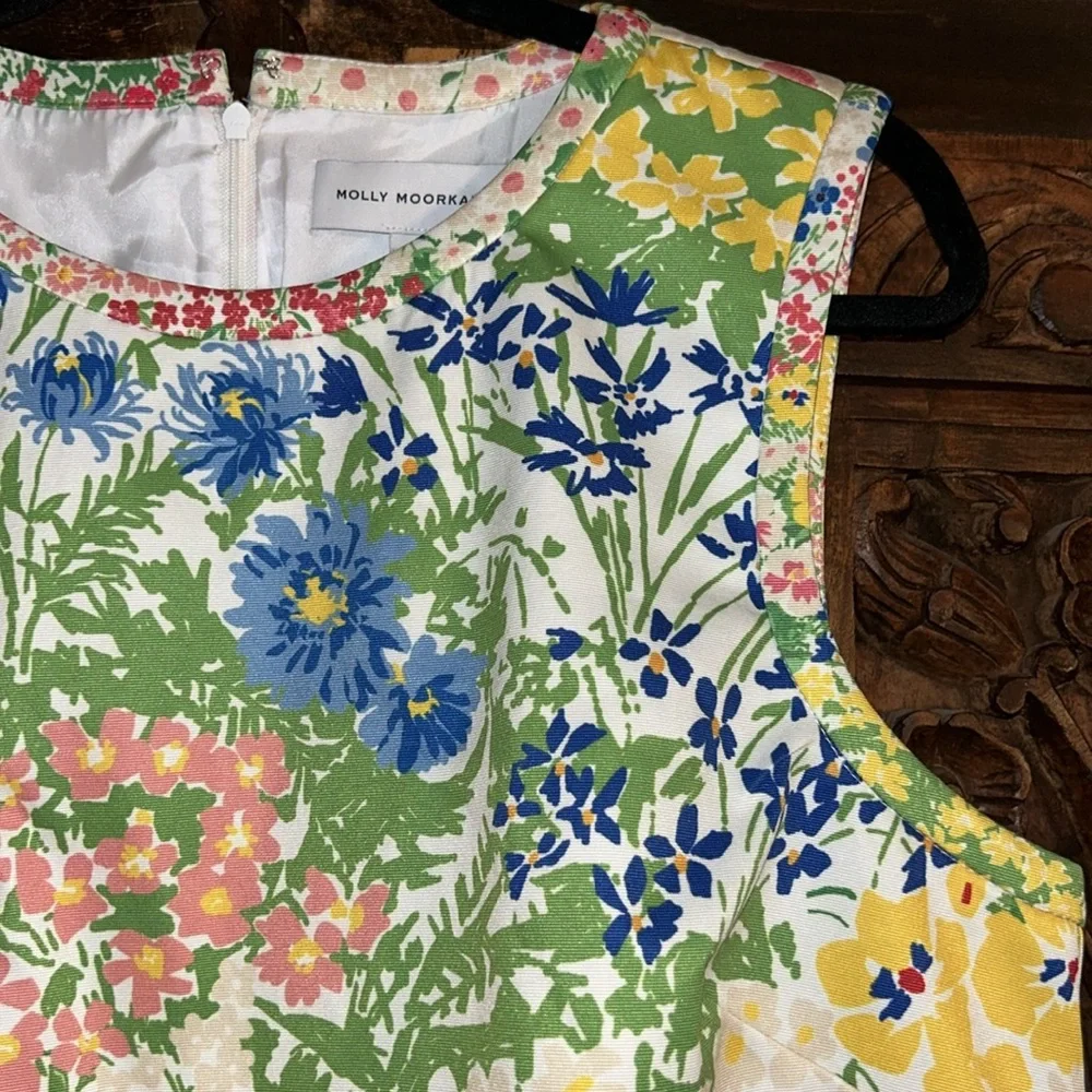 MOLLY MOORKAMP Sz 12 gorgeous 100% cotton faille floral shift back zip dress_6